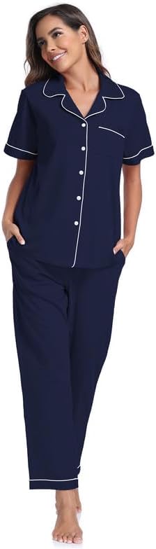 CF Womens 100% Cotton Pajamas Set Button Down Pjs Sets Short Sleeve Top & Long Pants Sleepwear Comfy Loungewear with Pockets