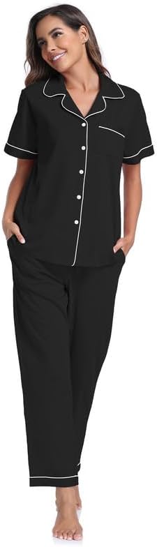 CF Womens 100% Cotton Pajamas Set Button Down Pjs Sets Short Sleeve Top & Long Pants Sleepwear Comfy Loungewear with Pockets