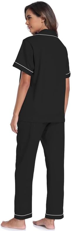 CF Womens 100% Cotton Pajamas Set Button Down Pjs Sets Short Sleeve Top & Long Pants Sleepwear Comfy Loungewear with Pockets