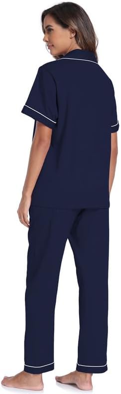 CF Womens 100% Cotton Pajamas Set Button Down Pjs Sets Short Sleeve Top & Long Pants Sleepwear Comfy Loungewear with Pockets