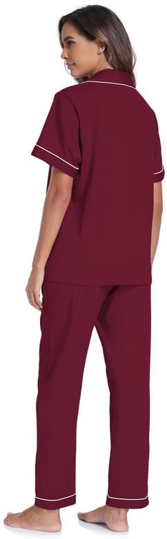 CF Womens 100% Cotton Pajamas Set Button Down Pjs Sets Short Sleeve Top & Long Pants Sleepwear Comfy Loungewear with Pockets