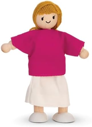 PlanToys® Wooden Mom Dollhouse Figurine – Light Skin Tone | Poseable Doll with Bendable Rope Arms & Legs | Montessori Pretend Play Doll House People for Kids (1:12 Scale)
