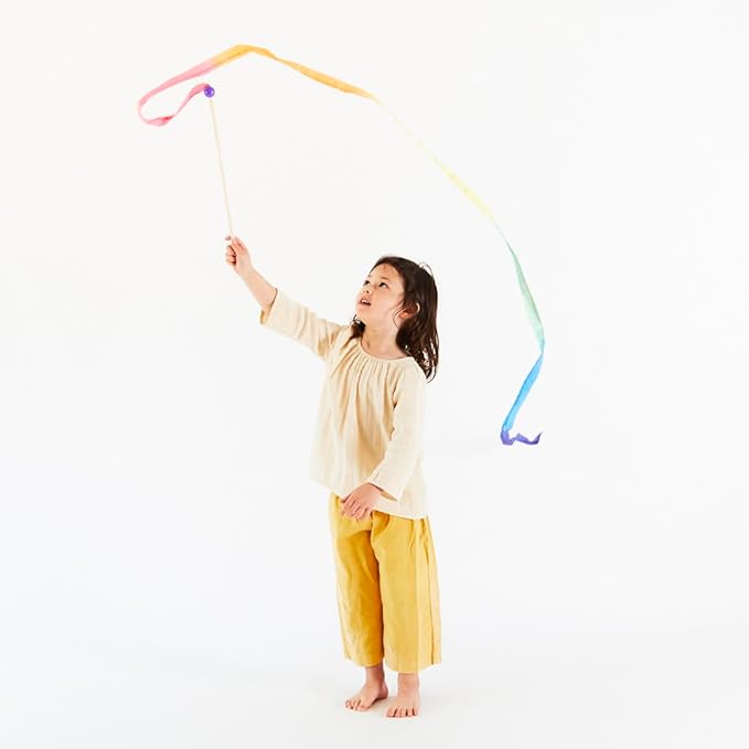 Sarah's Silks Rainbow Streamer - 8' Long Ribbon Wand for Kids, Pretend Play, Dance, Baton Stick Twirling, and Gymnastics Party Favors | 100% Silk and Wood Montessori and Waldorf Toys