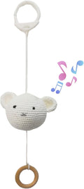 Baby Hanging Musical Box Toys, Soothing Musical Pulldown Toy with Wooden Teether, Crochet Musical Bear Head Toys for Newborn Infant Baby Toys for 0, 3, 6, 9, 12 Months