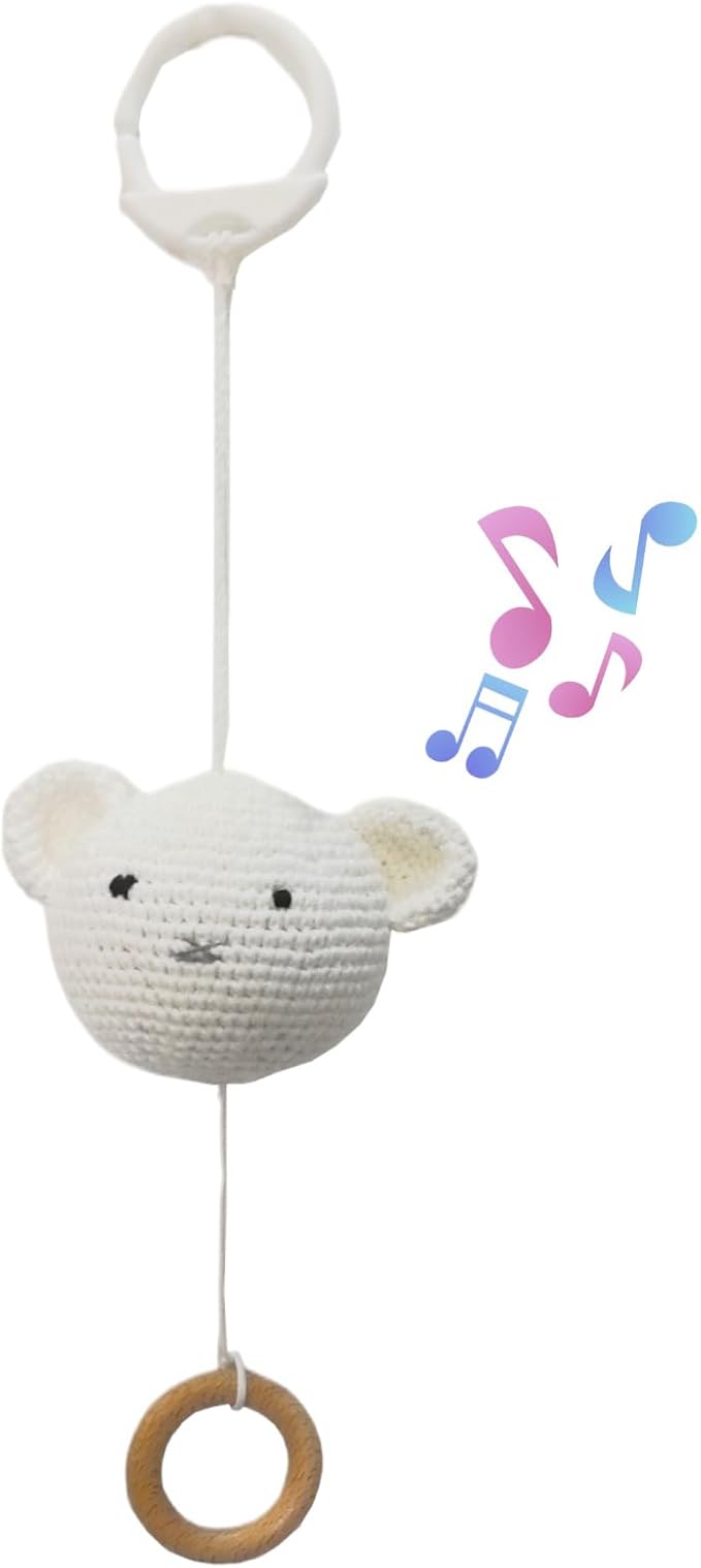 Baby Hanging Musical Box Toys, Soothing Musical Pulldown Toy with Wooden Teether, Crochet Musical Bear Head Toys for Newborn Infant Baby Toys for 0, 3, 6, 9, 12 Months