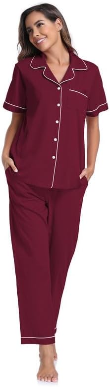 CF Womens 100% Cotton Pajamas Set Button Down Pjs Sets Short Sleeve Top & Long Pants Sleepwear Comfy Loungewear with Pockets
