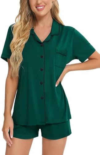 SWOMOG Womens Button Down Pajamas Set Short Sleeve Sleepwear Bride Soft Pj Lounge Sets XS-3XL