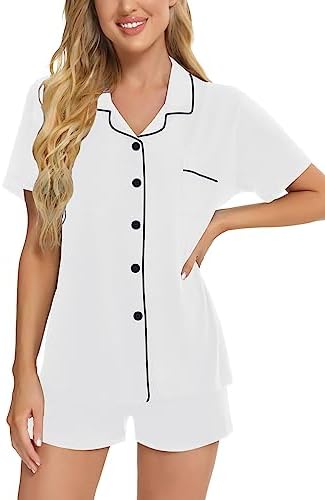 SWOMOG Womens Button Down Pajamas Set Short Sleeve Sleepwear Bride Soft Pj Lounge Sets XS-3XL