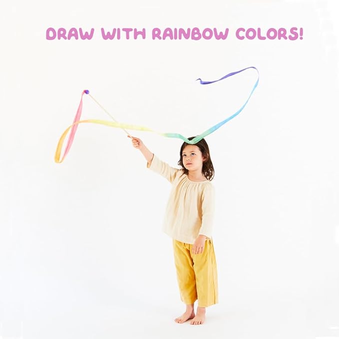 Sarah's Silks Rainbow Streamer - 8' Long Ribbon Wand for Kids, Pretend Play, Dance, Baton Stick Twirling, and Gymnastics Party Favors | 100% Silk and Wood Montessori and Waldorf Toys