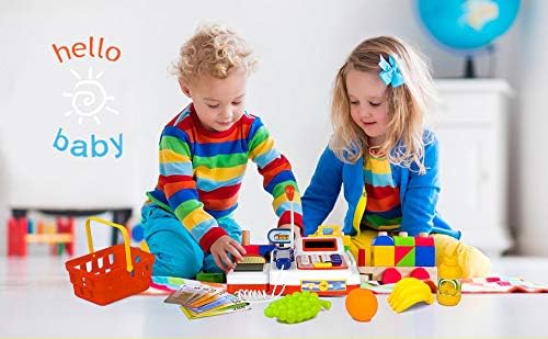 ZOVI Cash Register Playset Toy for Kids with Scanner, Real Calculator, Microphone, Play Food, Supermarket Cashier, Sounds & Early Learning Play