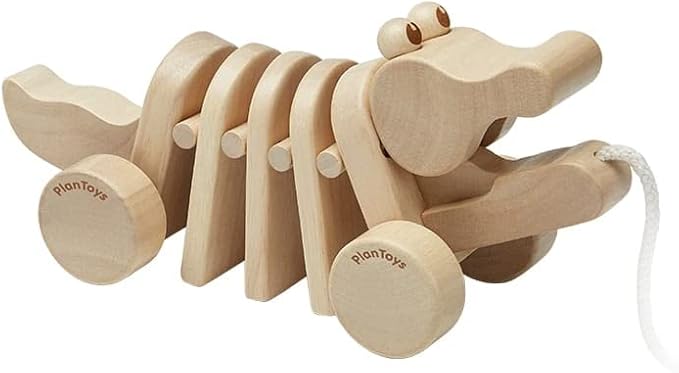 PLAN TOYS Dancing Alligator Push & Pull Toy - Sustainably Made from Rubberwood, Makes Click-Clack Sounds and Dancing Movements When Pulled (Natural)