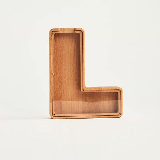 Personalized Wooden Piggy Bank – Custom Letter L Coin Bank in Beech Wood with Clear Acrylic Front, Engraved Name Option, Money Saving Box for Kids and Adults