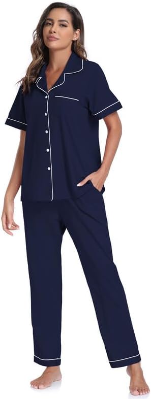 CF Womens 100% Cotton Pajamas Set Button Down Pjs Sets Short Sleeve Top & Long Pants Sleepwear Comfy Loungewear with Pockets