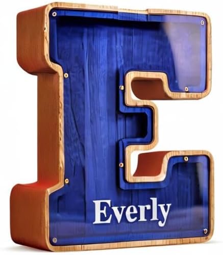 Summidate Customized Name Large Wooden Piggy Bank for Kids Boys Girls Alphabets Letter A-Z Coins Bills Money Change Bank Box Initial on Clear Cover (Laser Engraved) (Alphabet-O, Personalized-9")