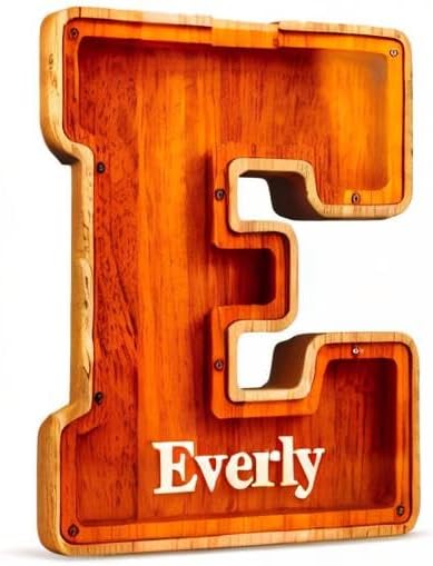 Customized Name Large Wooden Piggy Bank for Kids Boys Girls Alphabets Letter A-Z Coins Bills Money Change Bank Box Initial on Clear Cover (Laser Engraved) (Alphabet-W, Personalized-9")