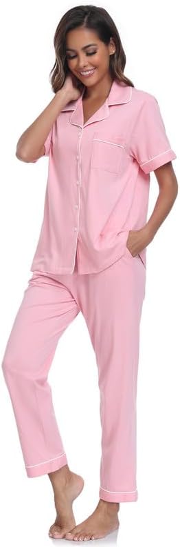 CF Womens 100% Cotton Pajamas Set Button Down Pjs Sets Short Sleeve Top & Long Pants Sleepwear Comfy Loungewear with Pockets