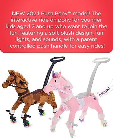 Power Pony Ride On Toy for 2+ Kids - Power Ponies Push Pull Kids Ride On Horse for Toddlers with A Removable Parent-Controlled Push Handle for Easy Rides, Brown, Champ
