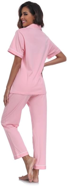 CF Womens 100% Cotton Pajamas Set Button Down Pjs Sets Short Sleeve Top & Long Pants Sleepwear Comfy Loungewear with Pockets