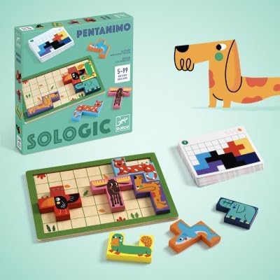 DJECO SoLogic Pentanimo - Wooden Logic Game for Little Ones - Challenging, Fun & Creative Activity for Family & Friends - Cute Animal Puzzle Toy for Children 5+ Years Girls & Boys