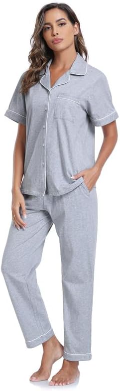 CF Womens 100% Cotton Pajamas Set Button Down Pjs Sets Short Sleeve Top & Long Pants Sleepwear Comfy Loungewear with Pockets