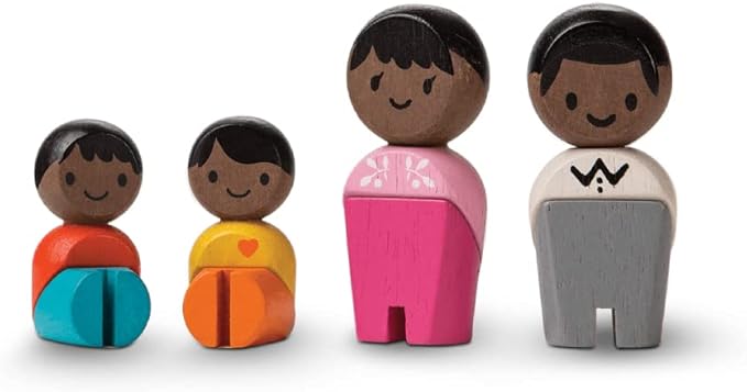 PlanToys® Wooden Family Doll Figures – Dark Skin Tone | Montessori Wooden People Posable Figurines for Dollhouse, Pretend Play & Imaginative Play (1:12 Scale)
