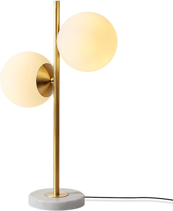KCO Lighting Mid-Century Modern Table Lamp 2-Light Frosted Glass Globe Desk Lamp with Brushed Brass Finished Nightstand Bedside Lamp
