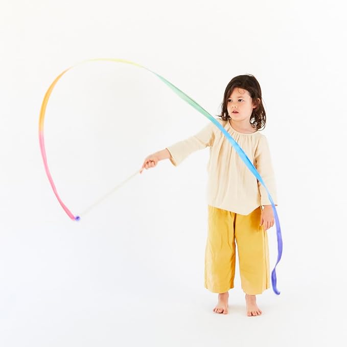Sarah's Silks Rainbow Streamer - 8' Long Ribbon Wand for Kids, Pretend Play, Dance, Baton Stick Twirling, and Gymnastics Party Favors | 100% Silk and Wood Montessori and Waldorf Toys