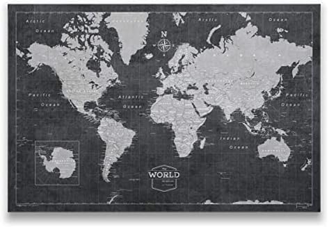 Conquest Maps World Travel Map with Pins Modern Slate Style Push Pin Travel Map Cork Board, Track Your Travels w/a Handmade Unique Canvas Pinable Map (48" x 32")