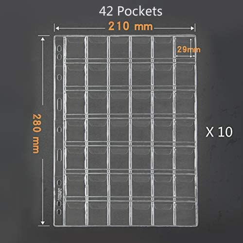42 Pocket Coin Pages, 10 Sheets Plastic Coin Holders Stamp Collector Supplies for Coin Stamp Currency Collection