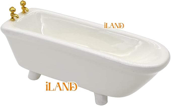 iLAND Dollhouse Furniture and Accessories 1/12 Scale of Dollhouse Bathroom Set incl Ceramic Dollhouse Toilet & Bathtub & Wooden Bathroom Cabinet with Sink (Modern 7pcs)
