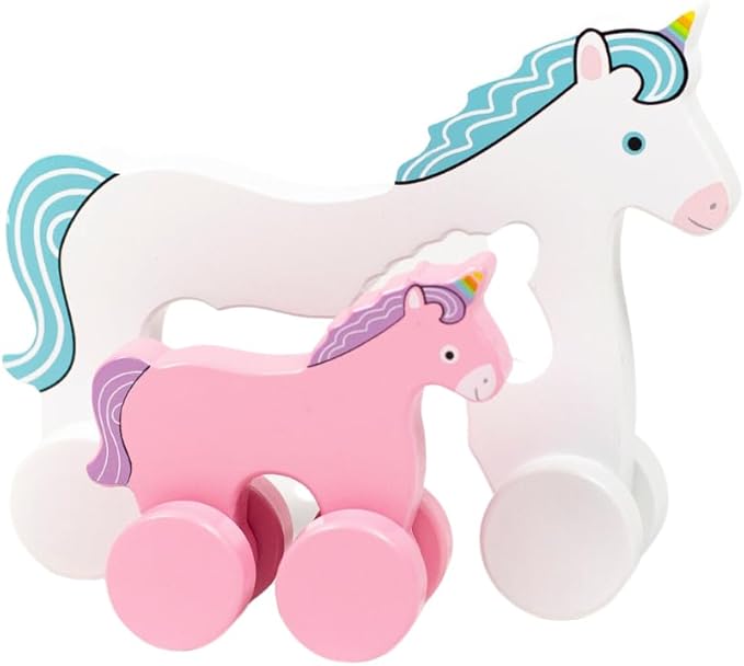 Jack Rabbit Creations Big & Little Unicorn Push Toy 2 in 1 Wooden Roller Animals- Pull STEM Toys for Toddlers Develops Coordination and Fine Motor Skills- Ages 18 Months+