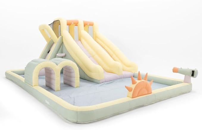 PLAYSMOL Splash Water Bounce House with Dual Slides, Inflatable Water Slide Park with Tunnels, Climbing Wall, Basketball Hoop, Ring Toss, & Sprayer, Ages 3-8