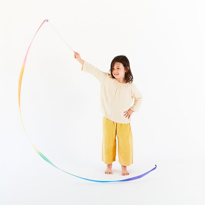 Sarah's Silks Rainbow Streamer - 8' Long Ribbon Wand for Kids, Pretend Play, Dance, Baton Stick Twirling, and Gymnastics Party Favors | 100% Silk and Wood Montessori and Waldorf Toys
