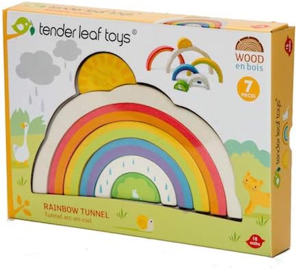 Tender Leaf Toys - Rainbow Tunnel - 7 Pcs Beautiful Wooden Rainbow Stacker - Colorful Rainbow Stacking Toy - Size and Color Recognition - Cognitive Game, Educational Toy