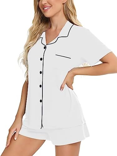 SWOMOG Womens Button Down Pajamas Set Short Sleeve Sleepwear Bride Soft Pj Lounge Sets XS-3XL