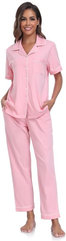 CF Womens 100% Cotton Pajamas Set Button Down Pjs Sets Short Sleeve Top & Long Pants Sleepwear Comfy Loungewear with Pockets