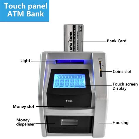 Touchscreen ATM Piggy Bank for Kids, Electronic Money Bank with Coin Counter, Card & Password, Backlit Display – Compact Savings Toy Gift for Boys & Girls Ages 6–12 (Black/Silver)