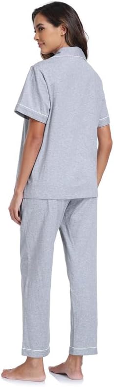 CF Womens 100% Cotton Pajamas Set Button Down Pjs Sets Short Sleeve Top & Long Pants Sleepwear Comfy Loungewear with Pockets
