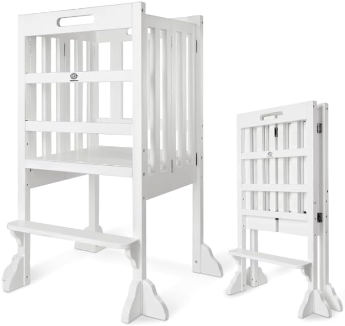 WOOD CITY Kitchen Step Stool Helper - Montessori Foldable Standing Tower for Toddlers with Safety Rail, Height Adjustable Ideal Helper for Learning New Skills, Natural Pure Pine Wood (White)
