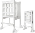 WOOD CITY Kitchen Step Stool Helper - Montessori Foldable Standing Tower for Toddlers with Safety Rail, Height Adjustable Ideal Helper for Learning New Skills, Natural Pure Pine Wood (White)