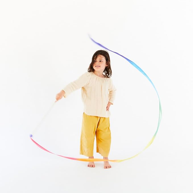 Sarah's Silks Rainbow Streamer - 8' Long Ribbon Wand for Kids, Pretend Play, Dance, Baton Stick Twirling, and Gymnastics Party Favors | 100% Silk and Wood Montessori and Waldorf Toys