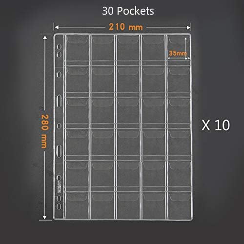30 Pocket Coin Pages, 10 Sheets Plastic Coin Holders Stamp Collector Supplies for Coin Stamp Currency Collection