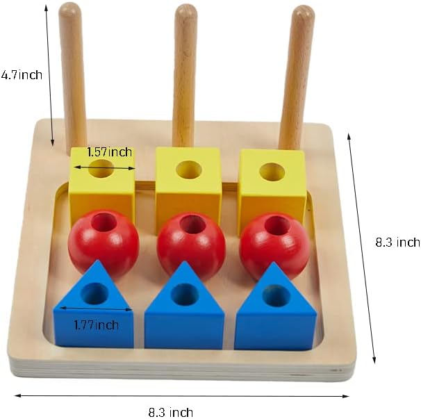 Adena Montessori Inspired Colored Solids on Dowels - Shape Sorting Toy Designed for 1-3 Years Old Toddlers