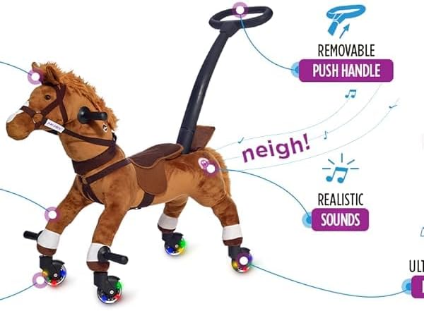 Power Pony Ride On Toy for 2+ Kids - Power Ponies Push Pull Kids Ride On Horse for Toddlers with A Removable Parent-Controlled Push Handle for Easy Rides, Brown, Champ