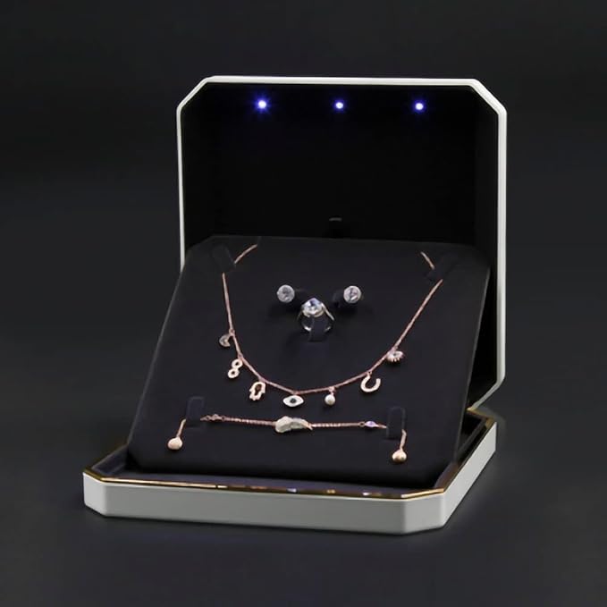 HSLFUAI Necklace Box with Led,Jewelry Box for Necklace, Jewelry Gift Box for Wedding, Birthday, Valentine' Day, Mother'S Day, Christmas,Black Velvet Interior Necklace Box(White)