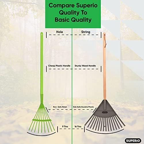 Kids Rake with Hardwood Handle, Durable Plastic Head to Sweep Leaves in Lawn and Tidying Up The Garden, 34" (Grey), 6 Pack