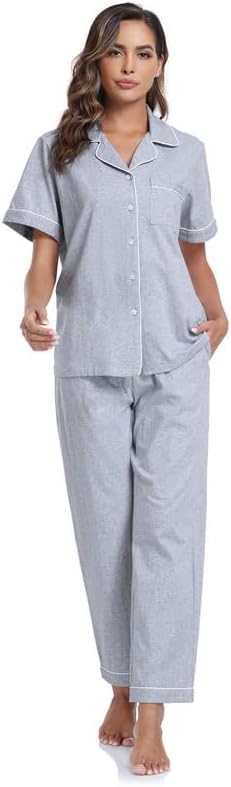 CF Womens 100% Cotton Pajamas Set Button Down Pjs Sets Short Sleeve Top & Long Pants Sleepwear Comfy Loungewear with Pockets