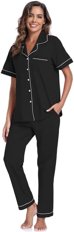 CF Womens 100% Cotton Pajamas Set Button Down Pjs Sets Short Sleeve Top & Long Pants Sleepwear Comfy Loungewear with Pockets
