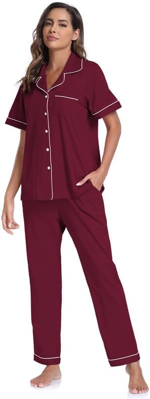 CF Womens 100% Cotton Pajamas Set Button Down Pjs Sets Short Sleeve Top & Long Pants Sleepwear Comfy Loungewear with Pockets