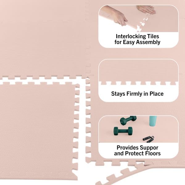 Foam Floor Tiles - 24sqft Soft Nontoxic Baby Play Mat - Interlocking Puzzle Mat for Baby, Kids Playroom, or Home Gym Flooring by Stalwart (Light Pink)